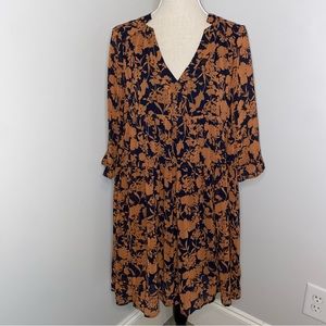 Grace & Mila NEW navy blue & brown floral loose fit babydoll dress size Medium